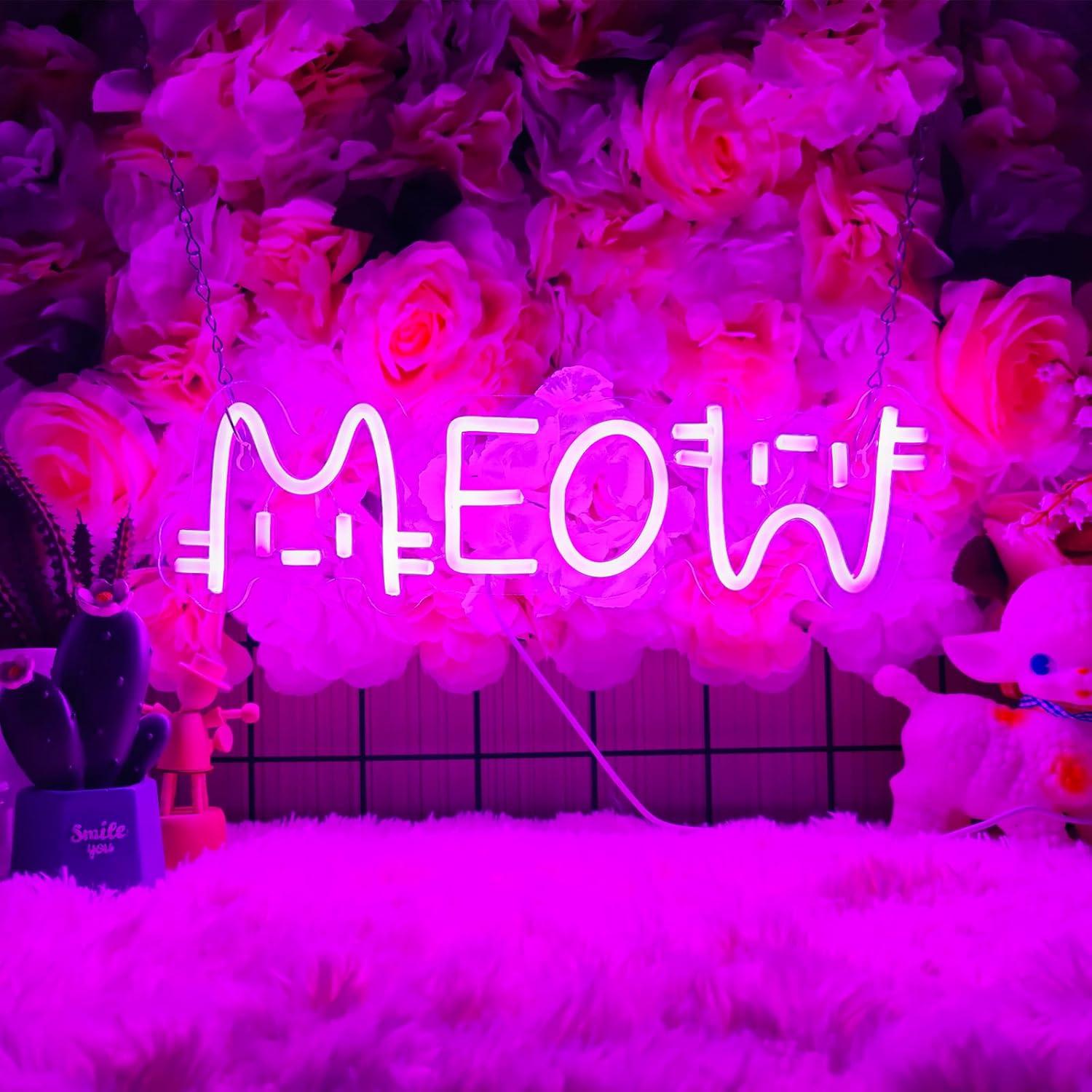Home Decor Cat - Letreiro Neon Gato Meow com LED