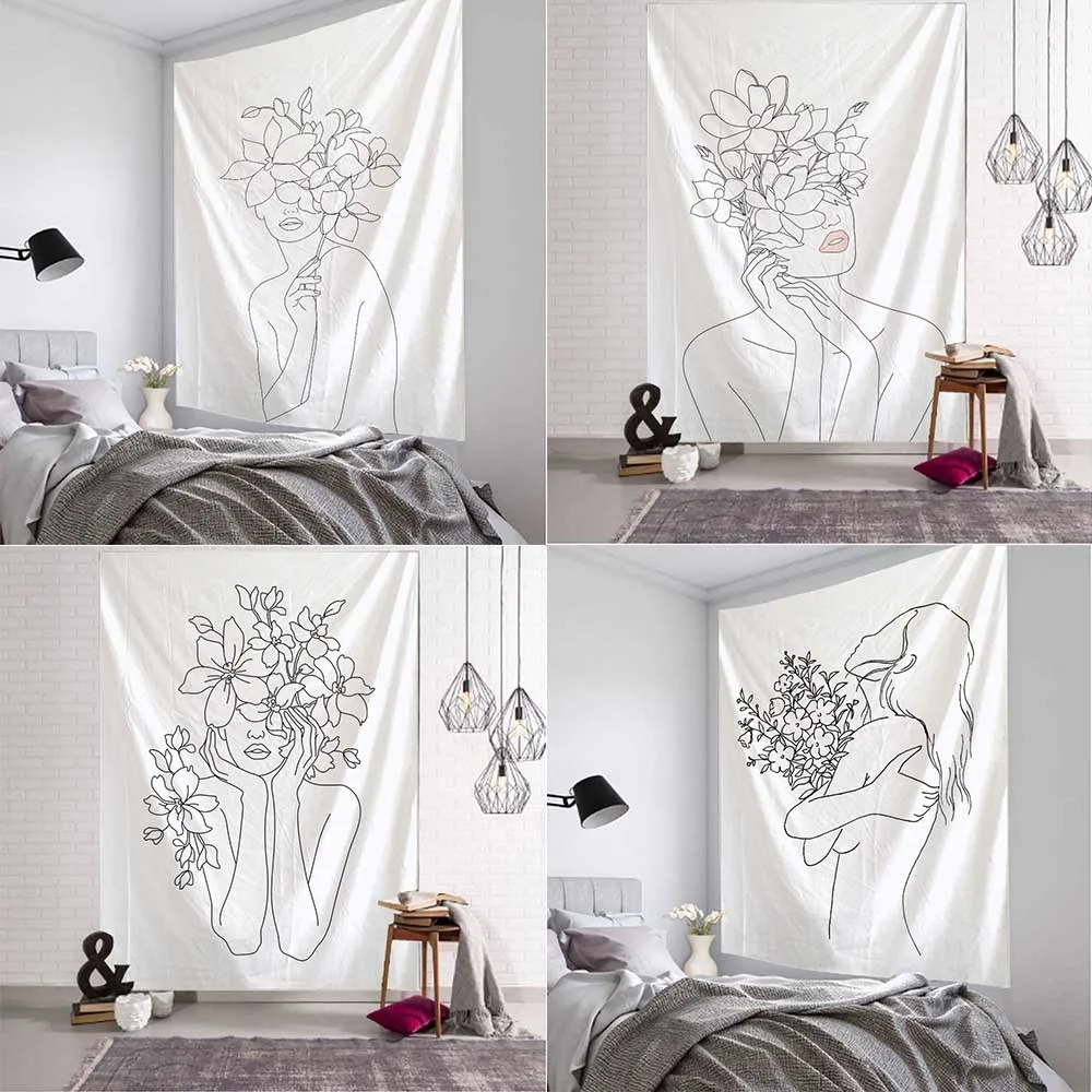 Home Decor Yoga - Linha simples menina tapeçaria arte branco